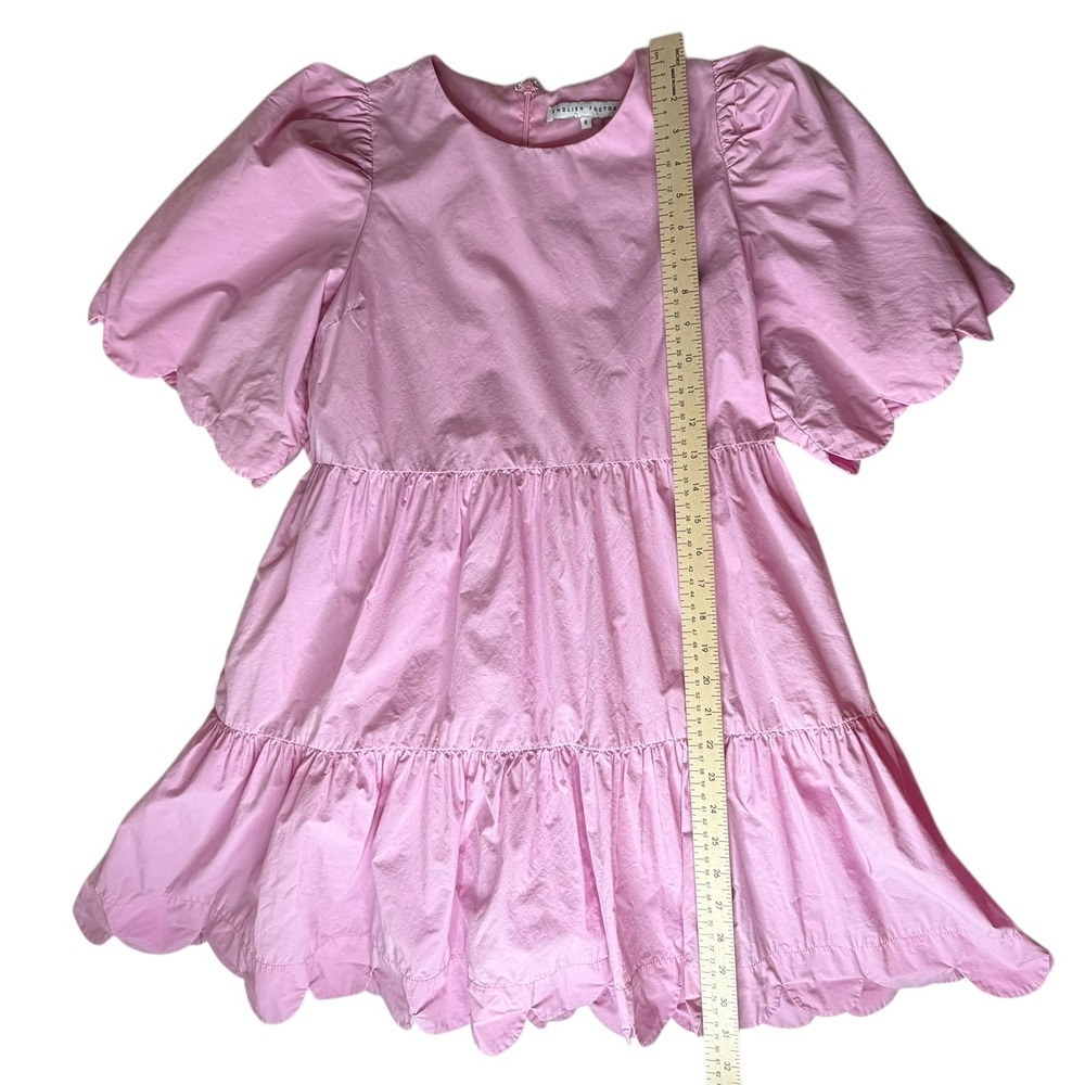 English Factory Pink Scalloped Tiered Mini Dress Small Puff Sleeve Preppy Cotton - Picture 10 of 12